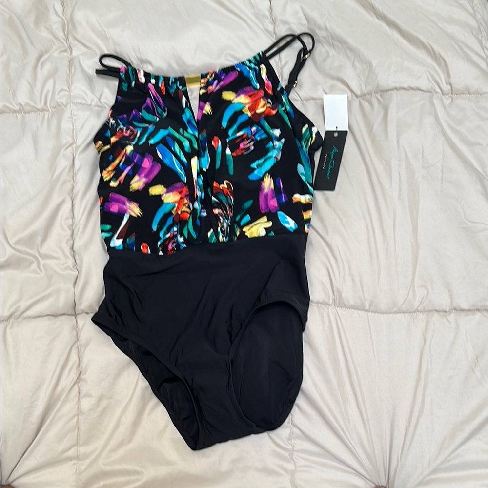 Aqua Green Black One Piece Swimsuit with Artistic Design